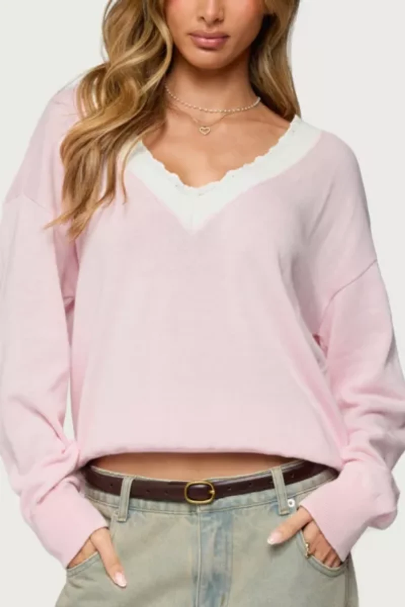 Edikted Marie Contrast Lacey V Neck Sweater