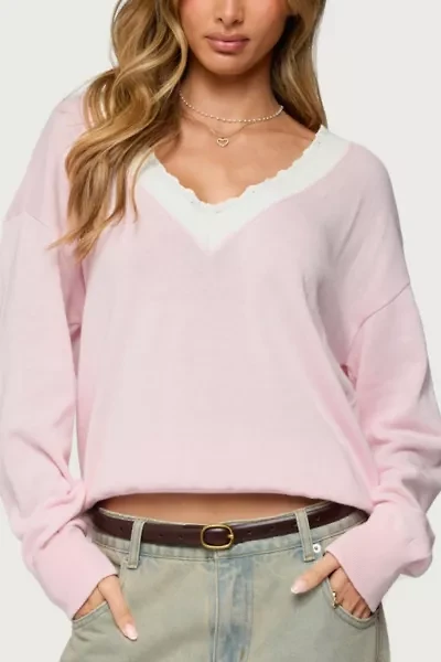 Edikted Marie Contrast Lacey V Neck Sweater
