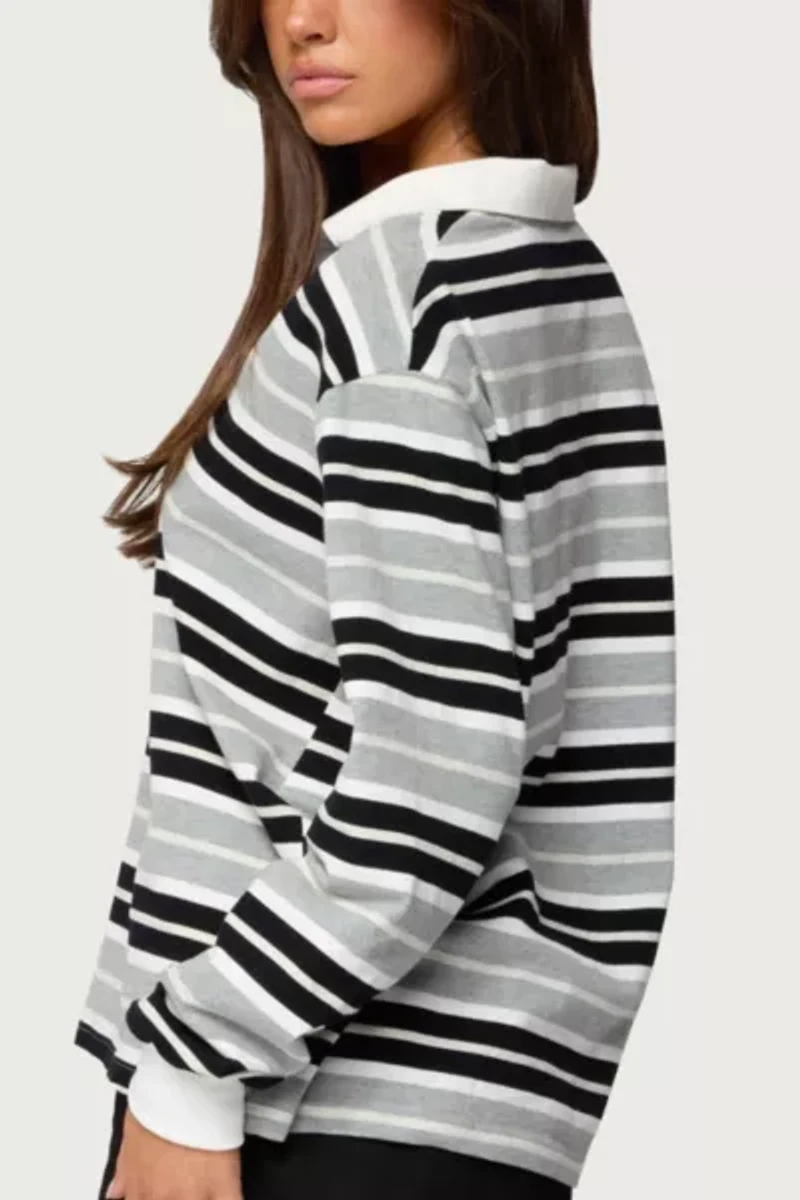 Edikted Renya Striped Long Sleeve Polo Top