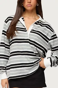 Edikted Renya Striped Long Sleeve Polo Top