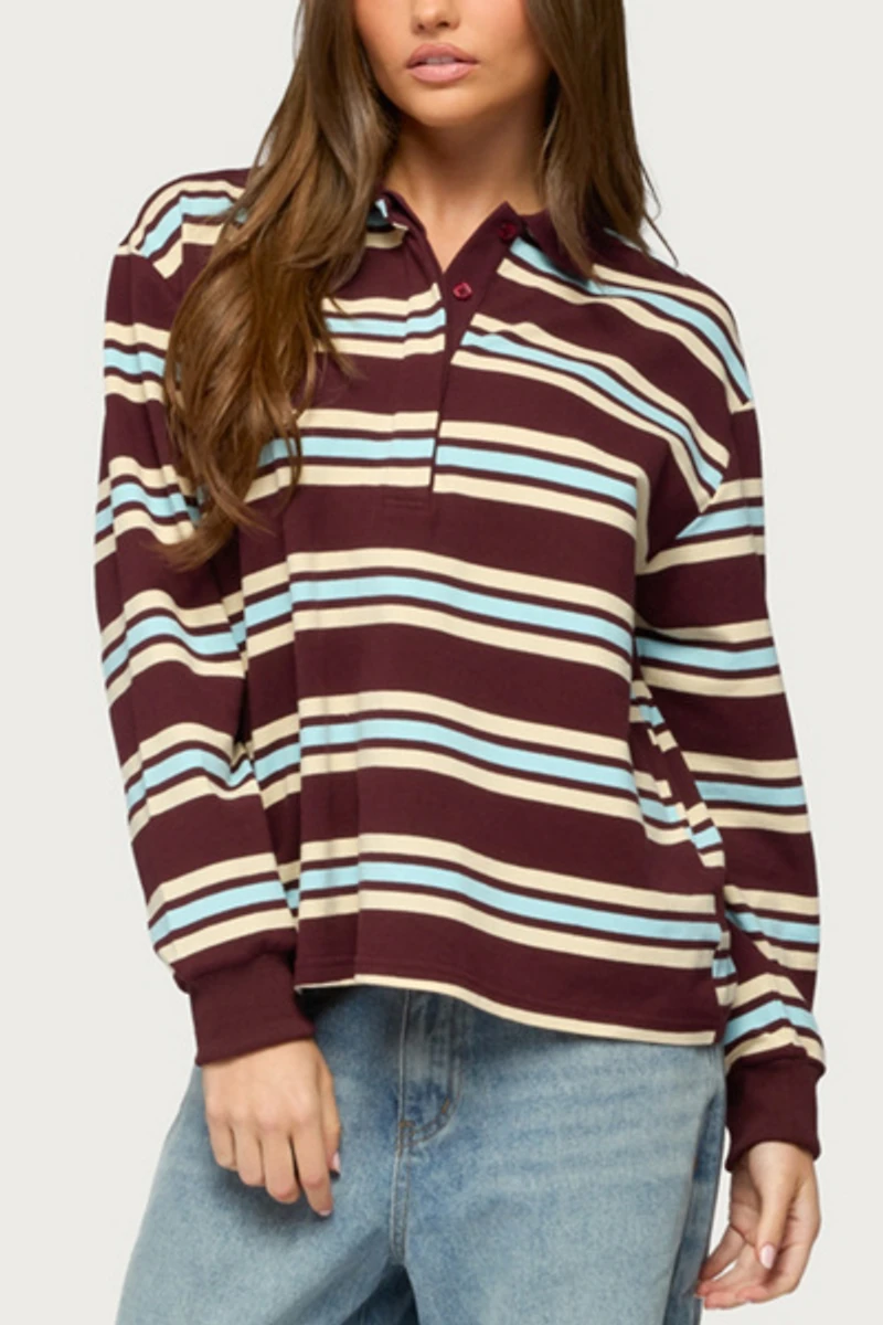 Edikted Renya Striped Long Sleeve Polo Top