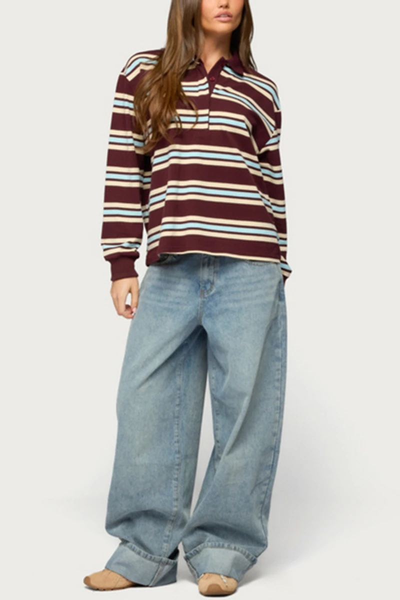 Edikted Renya Striped Long Sleeve Polo Top