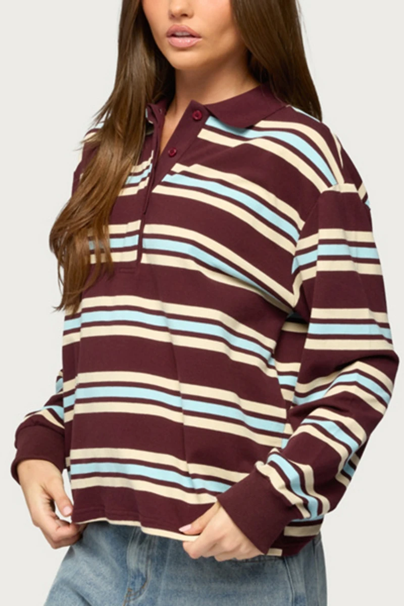 Edikted Renya Striped Long Sleeve Polo Top