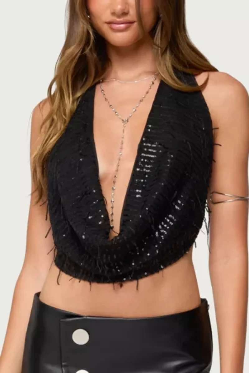 Edikted Fringed Sequin Backless Halter Top