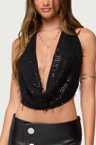 Edikted Fringed Sequin Backless Halter Top