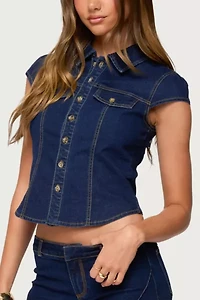Edikted Contrast Stitch Button Up Denim Shirt