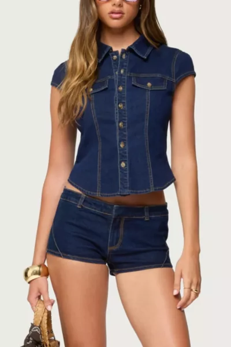 Edikted Contrast Stitch Button Up Denim Shirt
