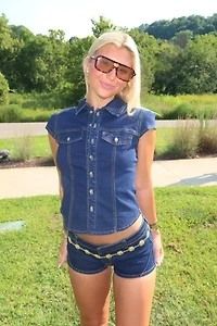 Edikted Contrast Stitch Button Up Denim Shirt
