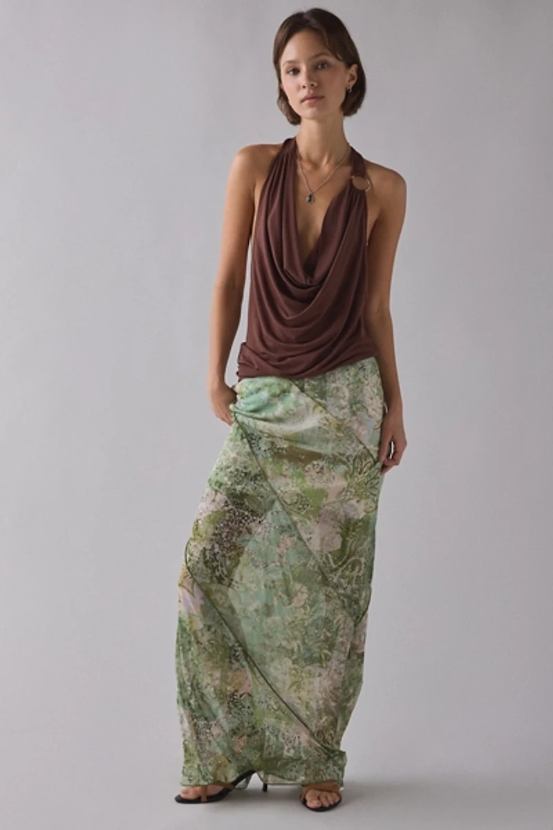 UO Clara Spliced Mesh Low-Rise Column Maxi Skirt