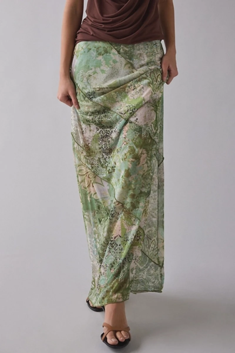 UO Clara Spliced Mesh Low-Rise Column Maxi Skirt