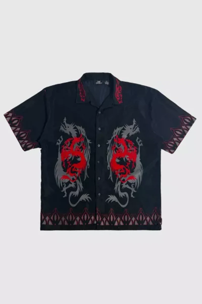 Vintage 1990's City Impact Tribal Dragon Loop Collar Lounge Shirt