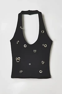 Vintage By RSTY Black Pierced Grommet Cropped Halter Top