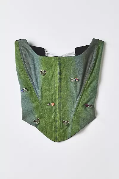 Vintage By RSTY Colorful Pierced Grommet Studded Green Denim Corset Top