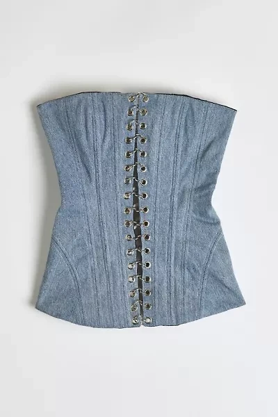 Vintage By RSTY Pierced Grommet Studded Split-Front Denim Corset Top