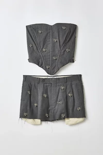 Vintage By RSTY Grey Pinstripe Pierced Corset Top + Mini Skirt 2-Piece Set
