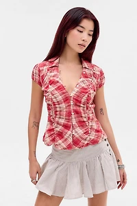 BDG Nadine Ruched Cap Sleeve Button-Down Shirt