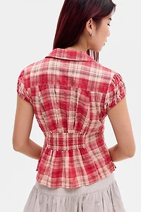 BDG Nadine Ruched Cap Sleeve Button-Down Shirt