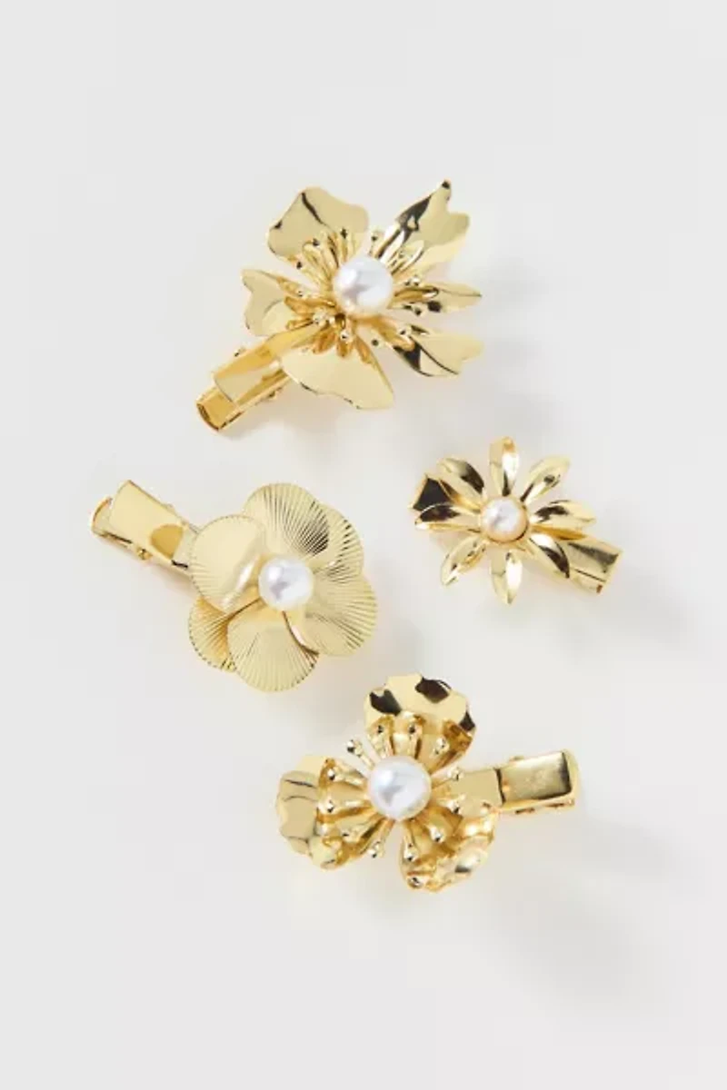 Pearl And Metal Flower Clips Set