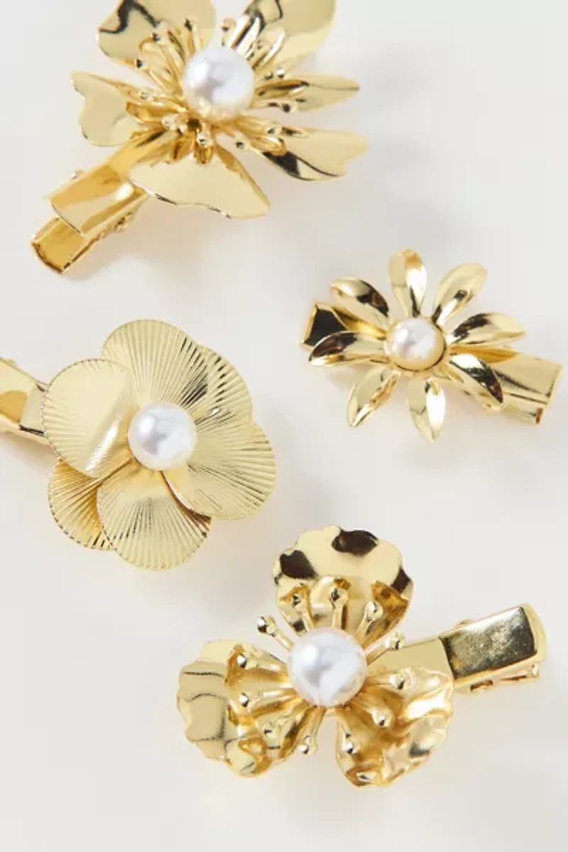 Pearl And Metal Flower Clips Set
