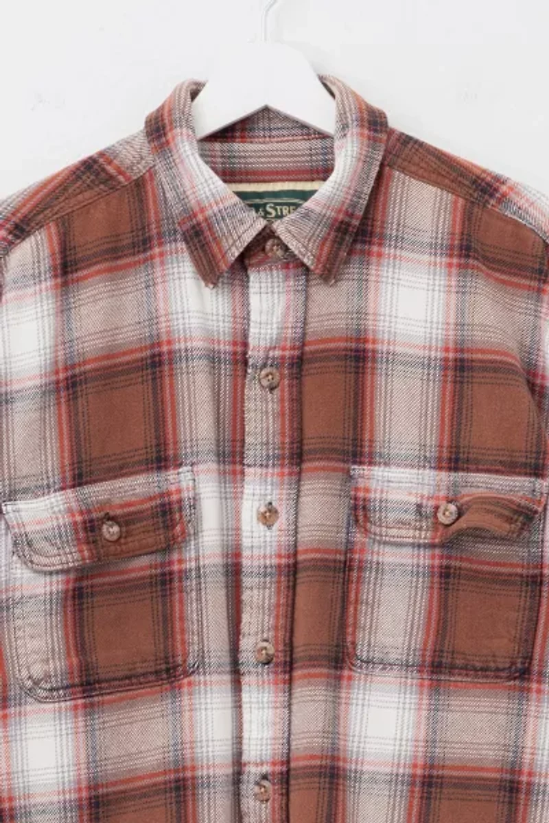 Vintage Y2K Distressed Brown and White Plaid Heavyweight Flannel Button Up Shirt
