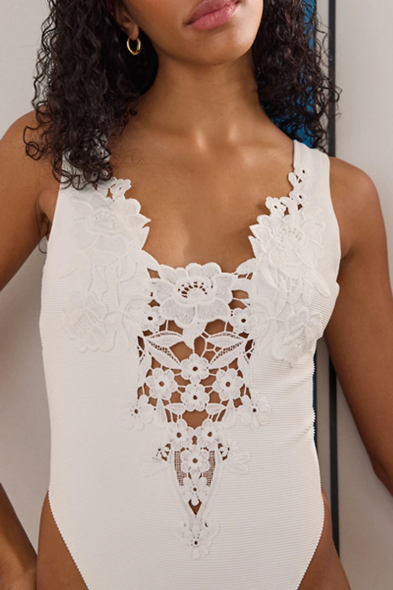For Love & Lemons Lelani Plunging Lace Applique One-Piece Swimsuit