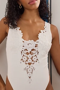 For Love & Lemons Lelani Plunging Lace Applique One-Piece Swimsuit