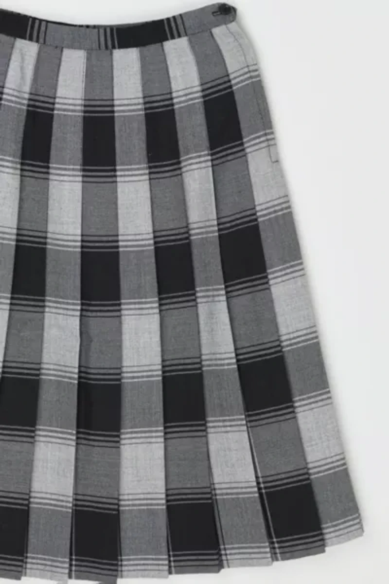 Vintage 1960s Grey & Black Plaid Pleated Midi Skirt