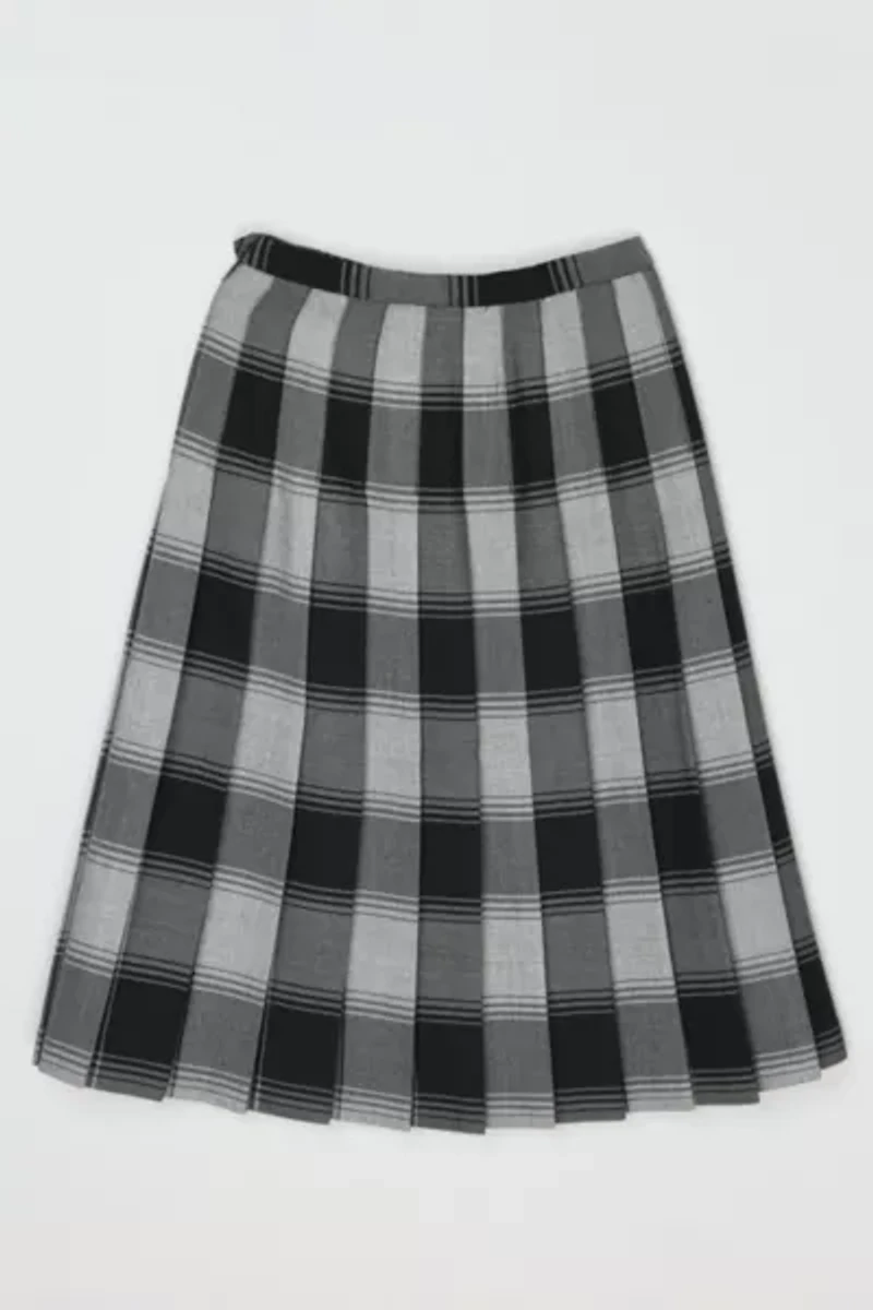 Vintage 1960s Grey & Black Plaid Pleated Midi Skirt
