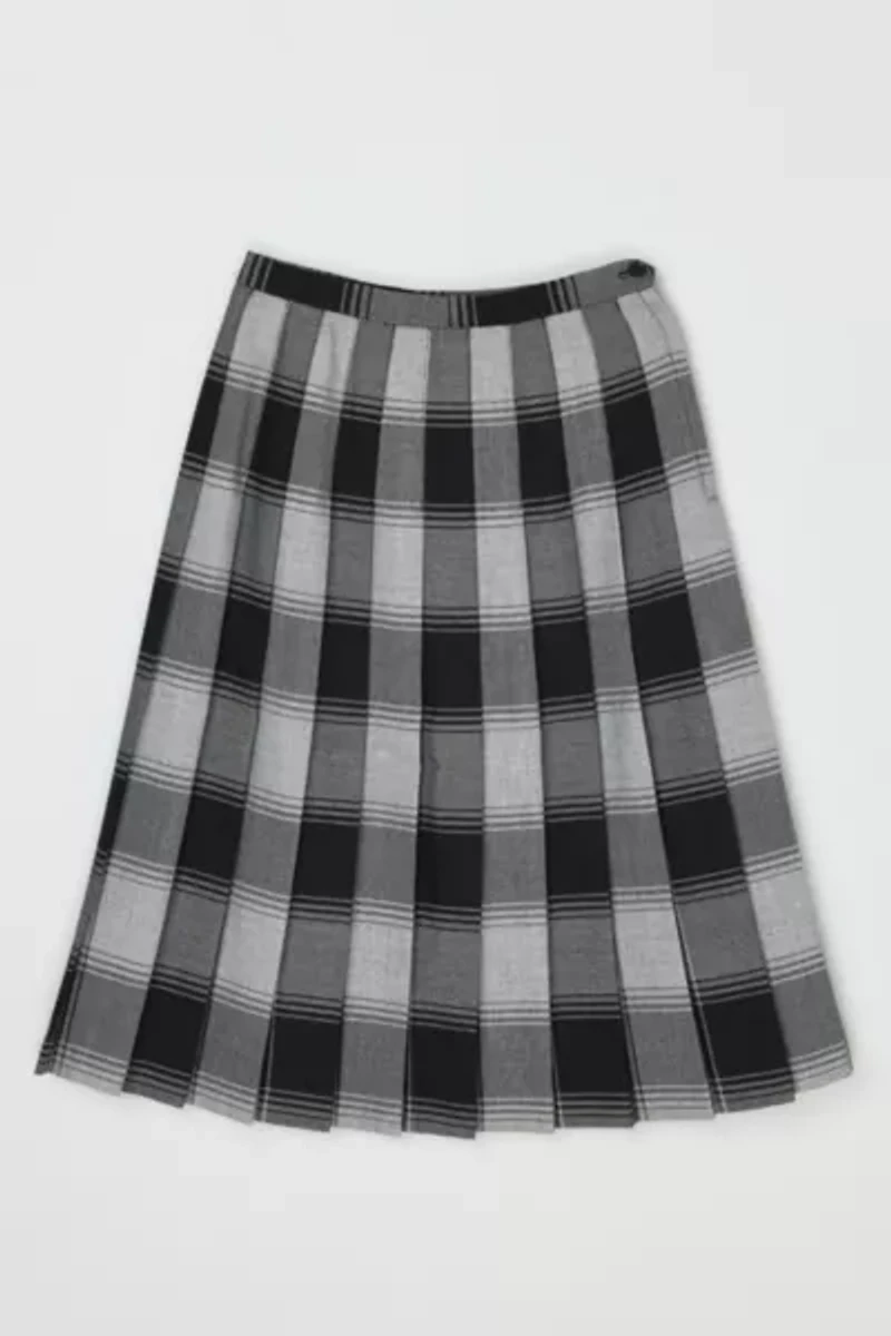 Vintage 1960s Grey & Black Plaid Pleated Midi Skirt