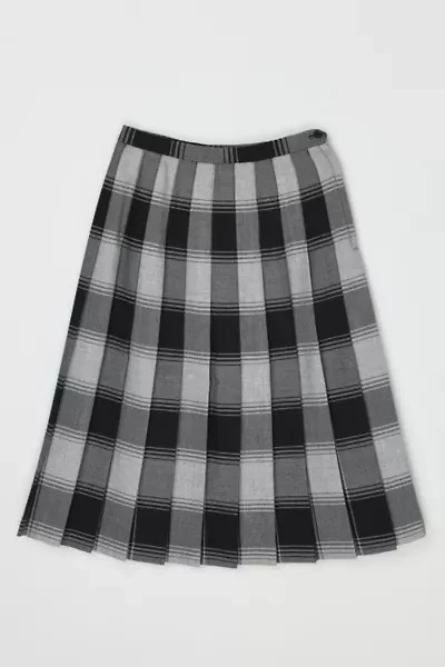 Vintage 1960s Grey & Black Plaid Pleated Midi Skirt