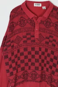 Vintage 90s Red & Black Patterned Knit Button-Collar Sweater