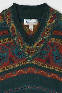Vintage Aeropostale Dark Green Patterned V-Neck Sweater