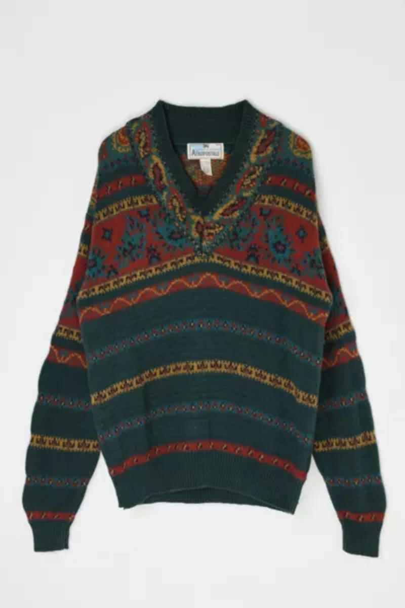 Vintage Aeropostale Dark Green Patterned V-Neck Sweater