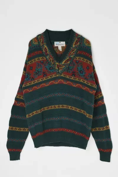 Vintage Aeropostale Dark Green Patterned V-Neck Sweater