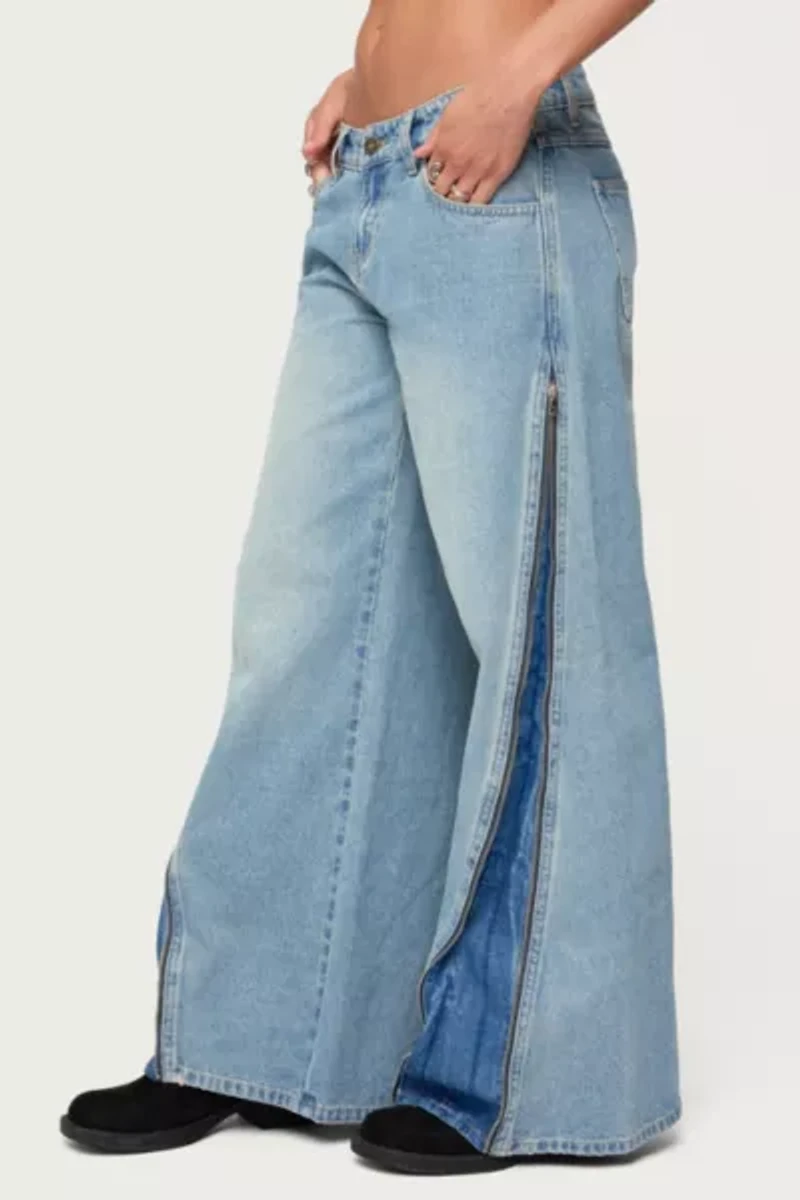 Edikted Zippered Washed Wide Leg Jeans