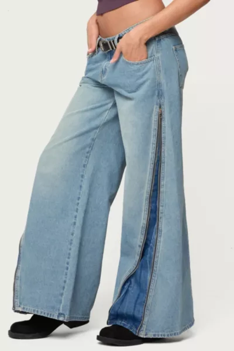 Edikted Zippered Washed Wide Leg Jeans