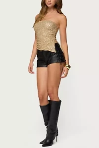 Edikted Sequin Asymmetric Slit Strapless Top