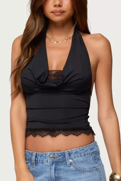 Edikted Layered Lacey Cowl Neck Halter Top