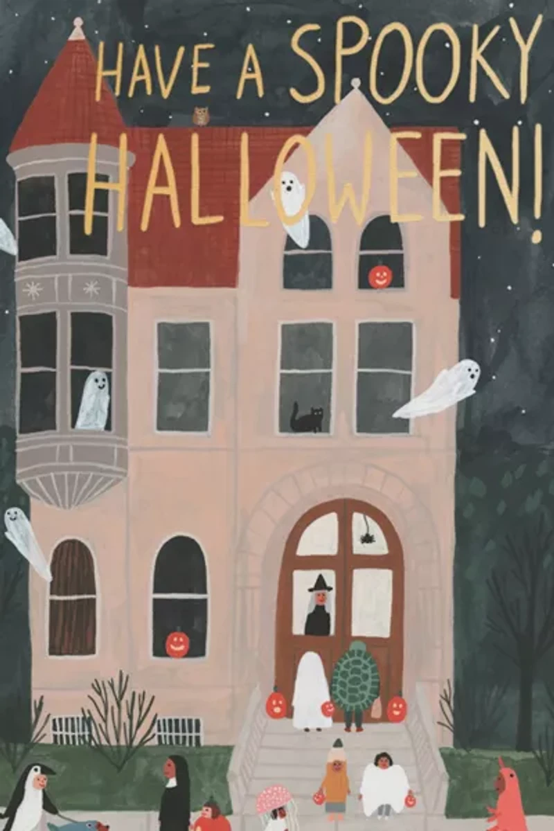 Red Cap Trick or Treat House Halloween Card