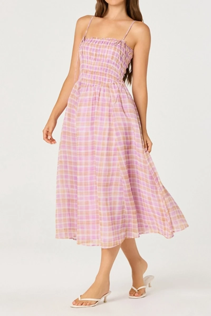 ASTR The Label Lahela Plaid Smocked Tie-Strap Midi Dress