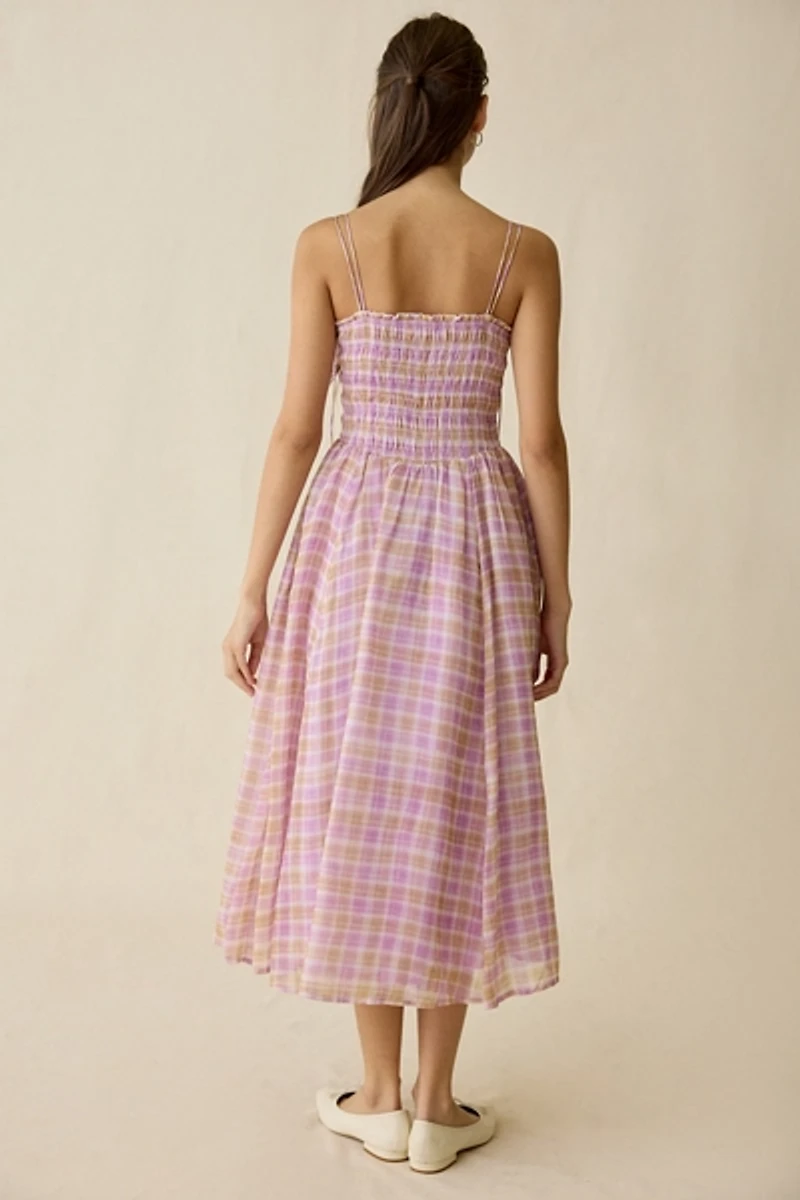 ASTR The Label Lahela Plaid Smocked Tie-Strap Midi Dress