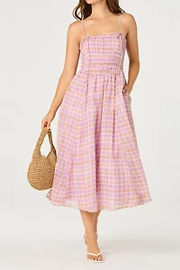 ASTR The Label Lahela Plaid Smocked Tie-Strap Midi Dress