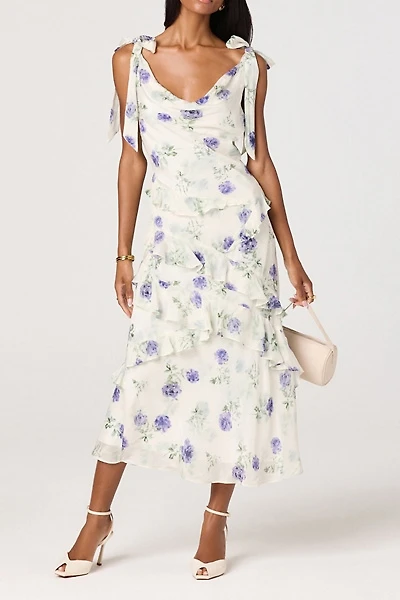 ASTR The Label Fen Floral Tie-Strap Ruffle Midi Dress