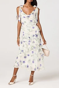 ASTR The Label Fen Floral Tie-Strap Ruffle Midi Dress