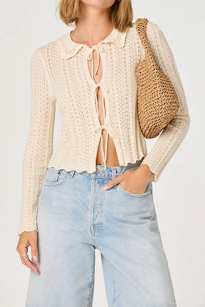 ASTR The Label Fannie Pointelle Knit Tie-Front Cardigan