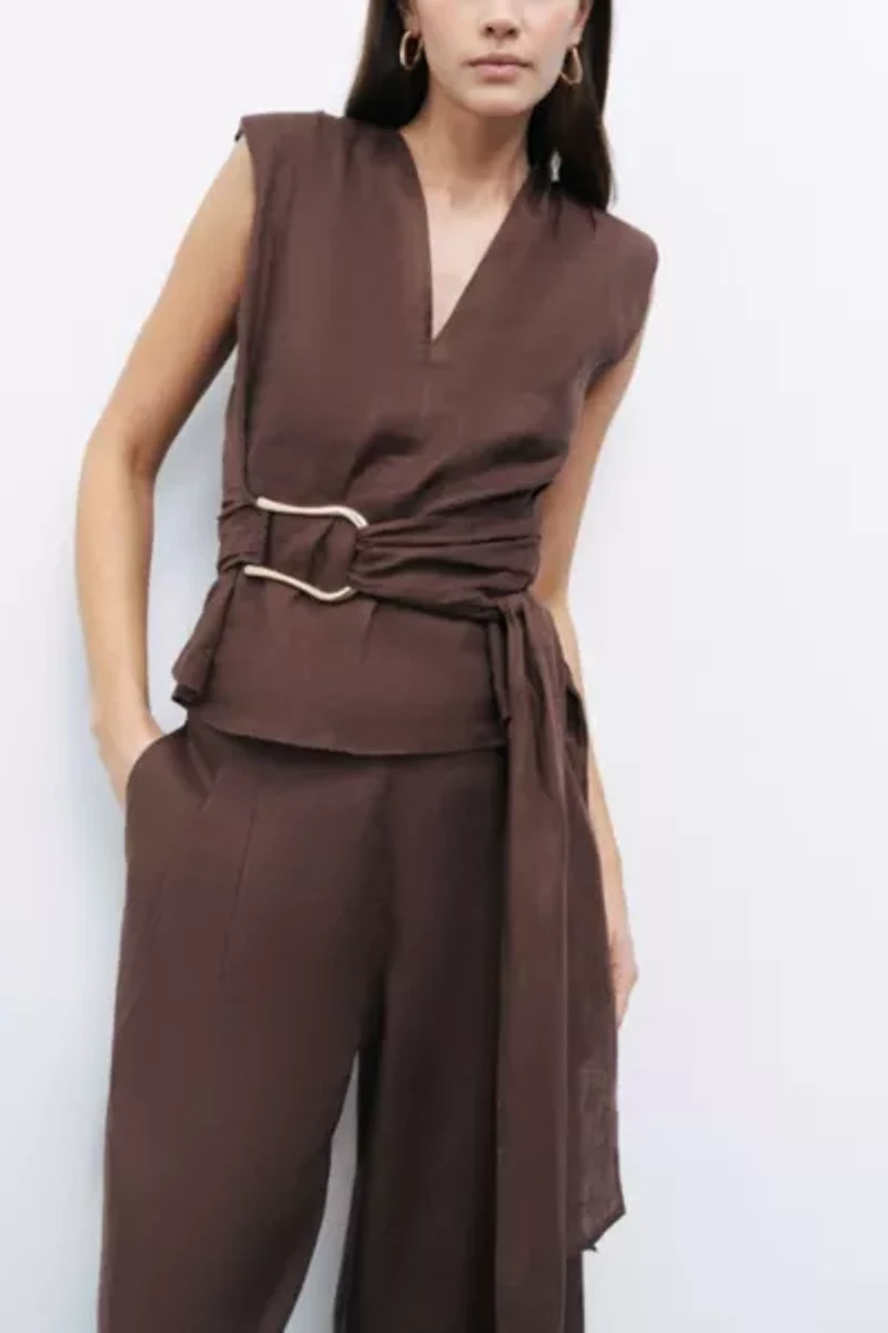 Nocturne Belted Linen Blouse