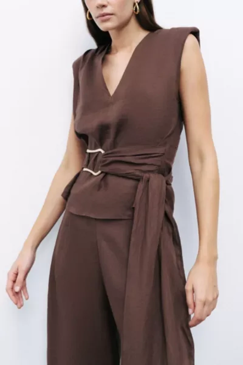 Nocturne Belted Linen Blouse