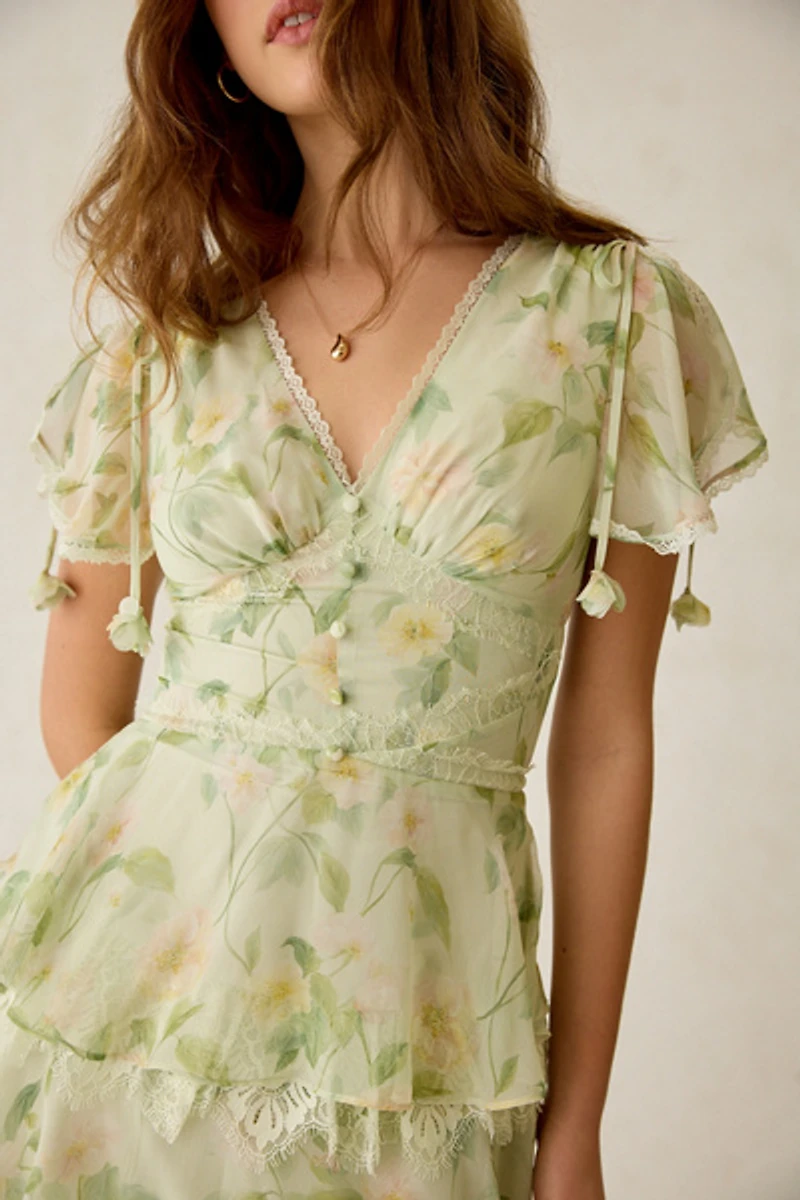 En Saison Paloma Chiffon Lace Trim Tiered Maxi Dress