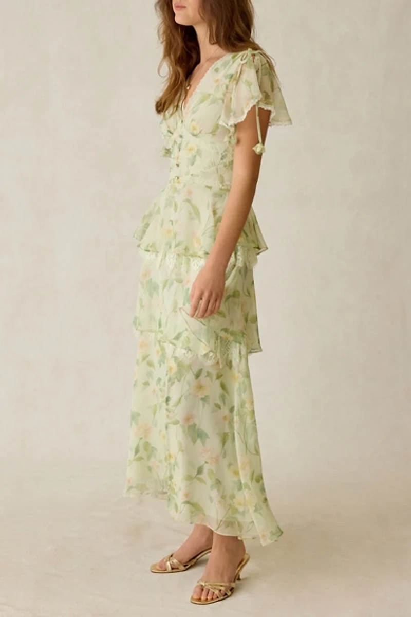 En Saison Paloma Chiffon Lace Trim Tiered Maxi Dress