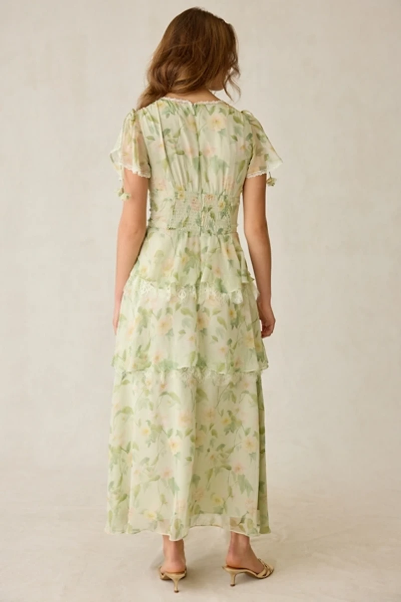 En Saison Paloma Chiffon Lace Trim Tiered Maxi Dress